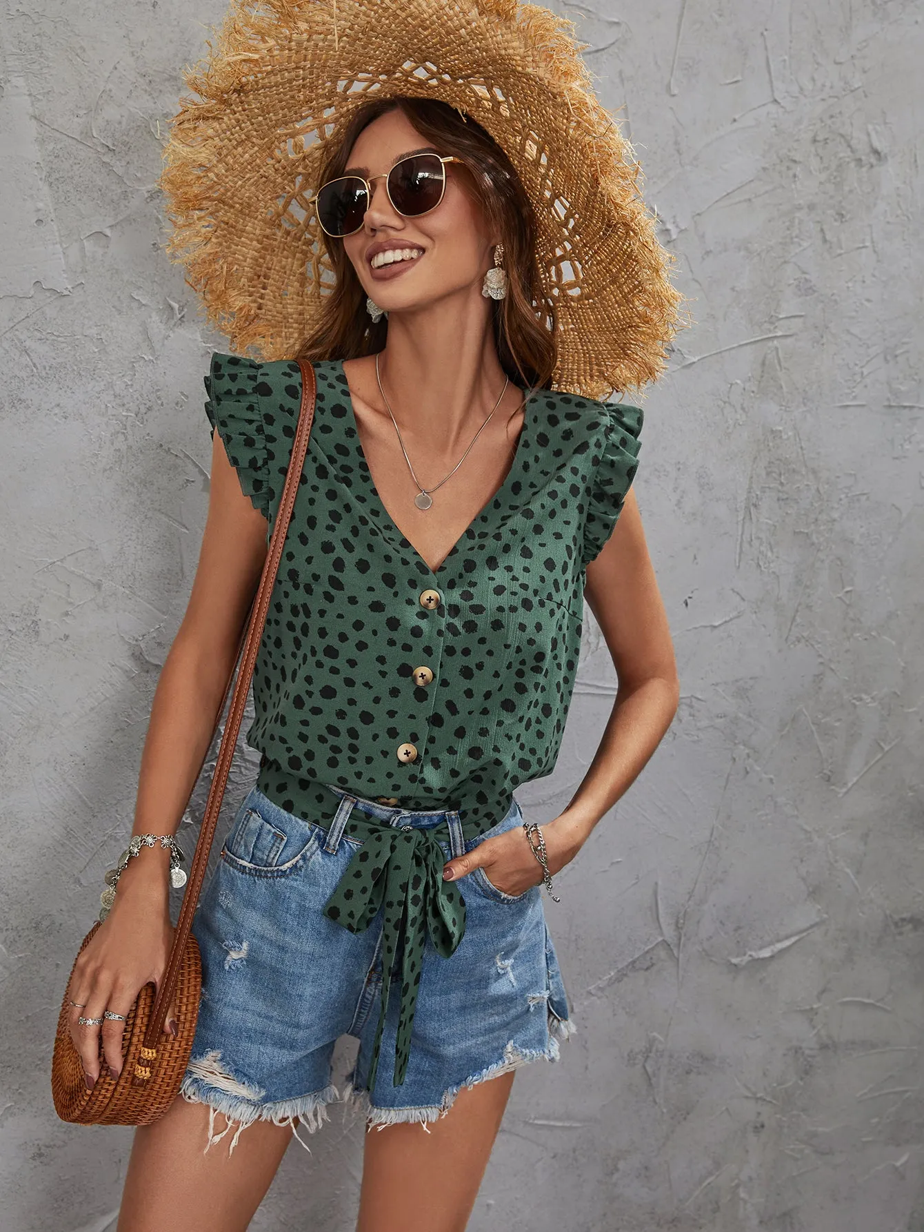 Green Front Buttoned Top With Waist Tie Up