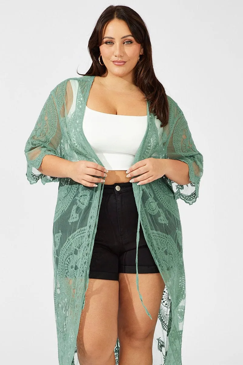 Green Longline Embroidered Mesh Kimono