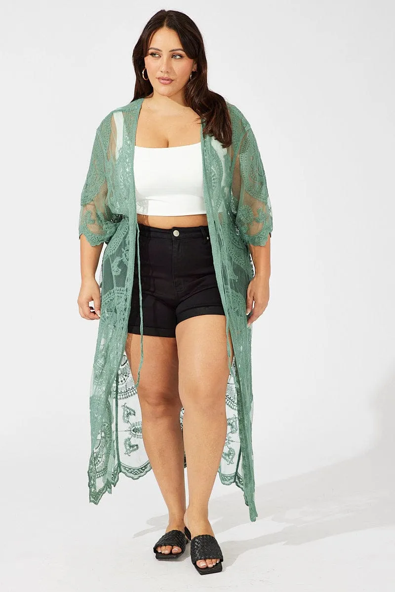 Green Longline Embroidered Mesh Kimono