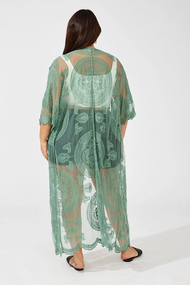 Green Longline Embroidered Mesh Kimono