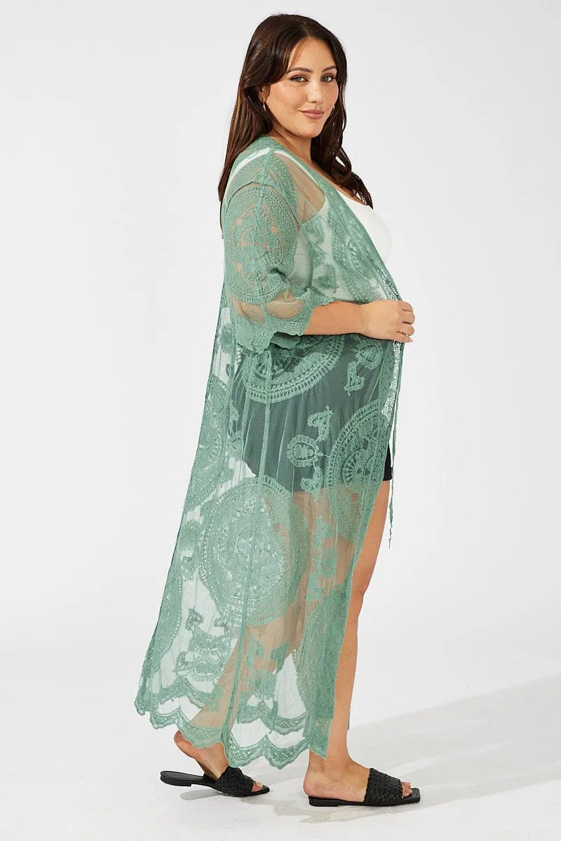 Green Longline Embroidered Mesh Kimono