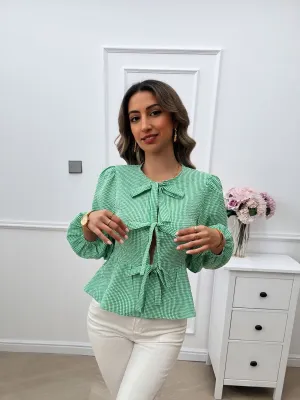 Green Peplum Top With Front Bow Tie Up
