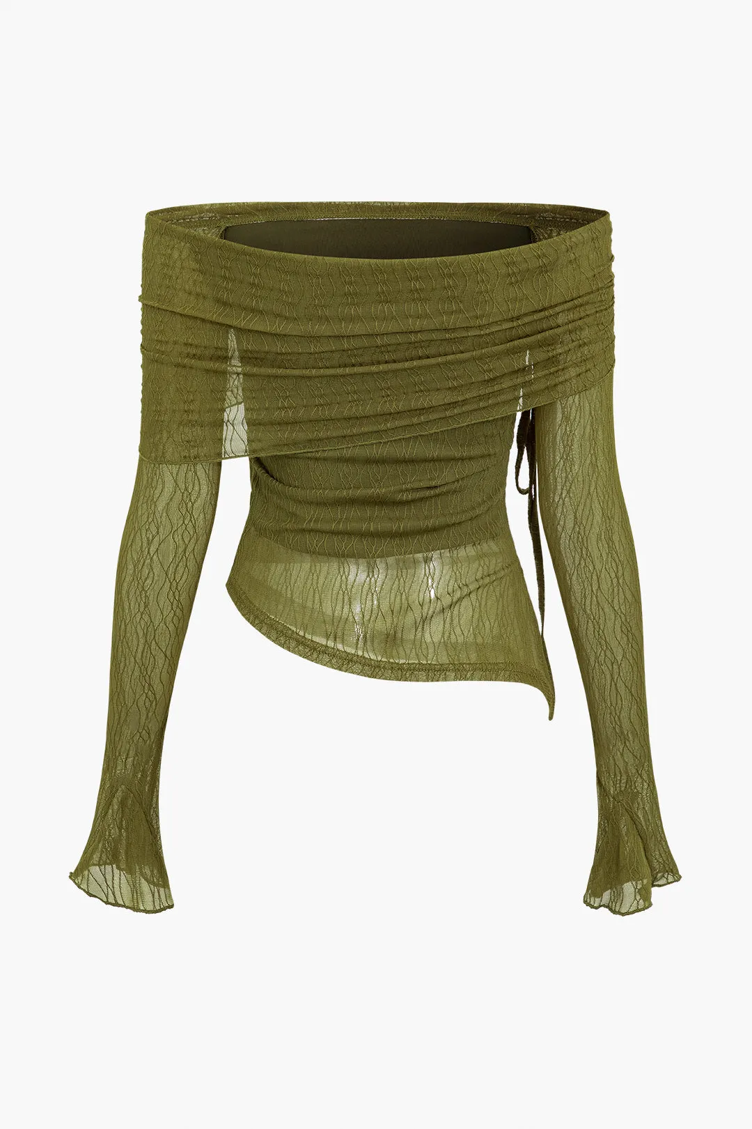 Green Vintage Texture Off Shoulder Asymmetric Tie Mesh Top