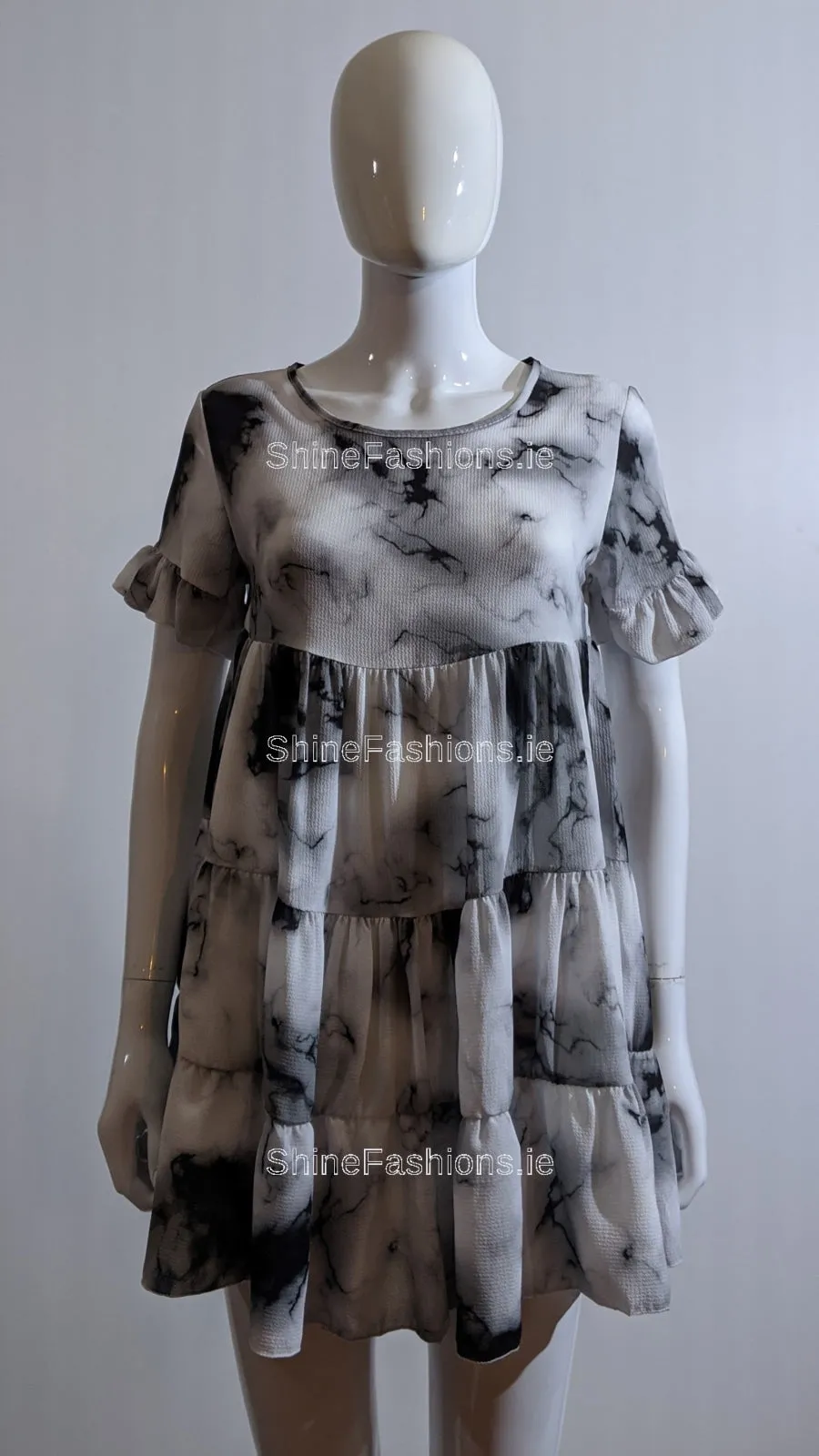 Grey Tie Dye Print Tiered Smock Dress