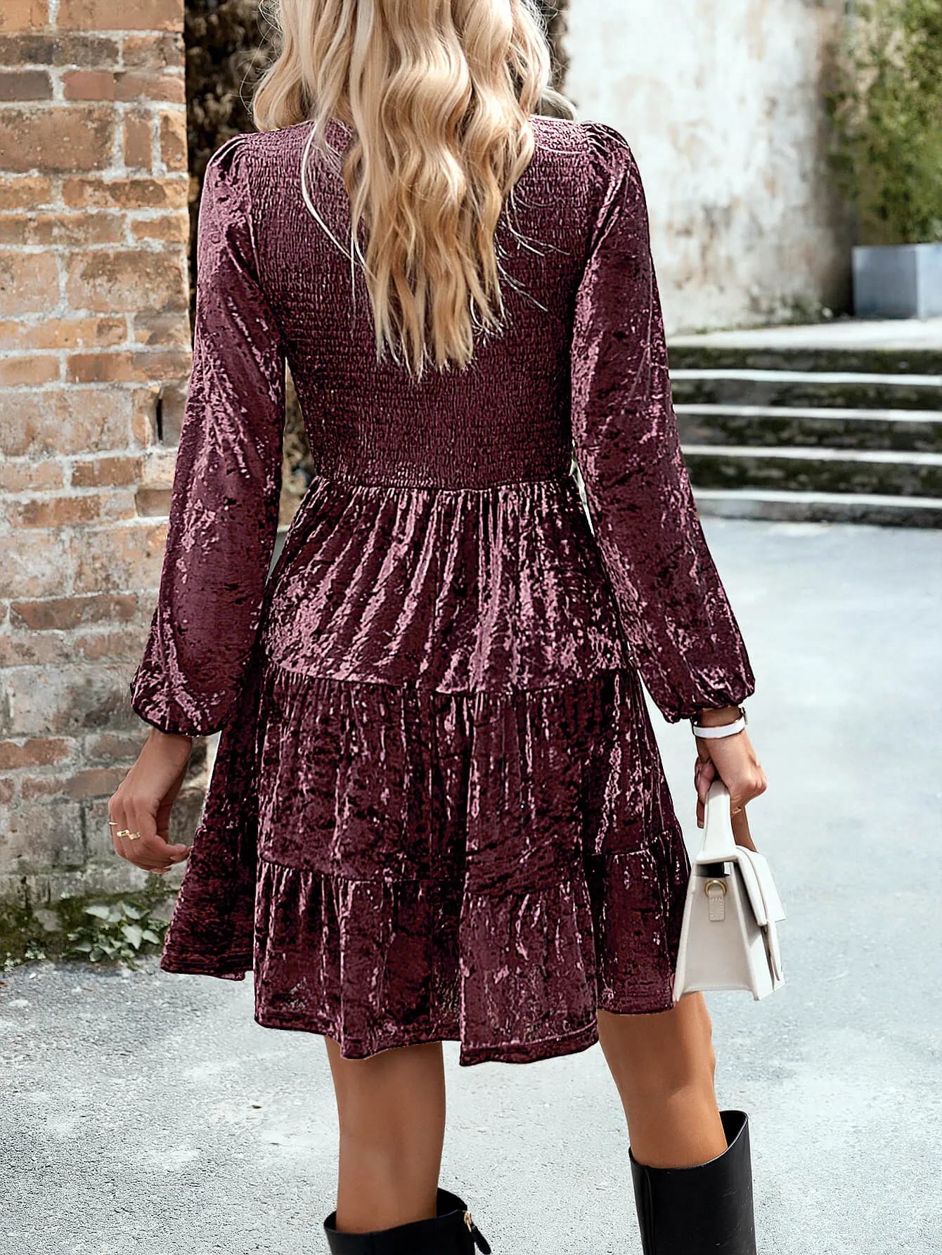 Harlyn Velvet Smocked Bodice Mini Dress - Mulberry