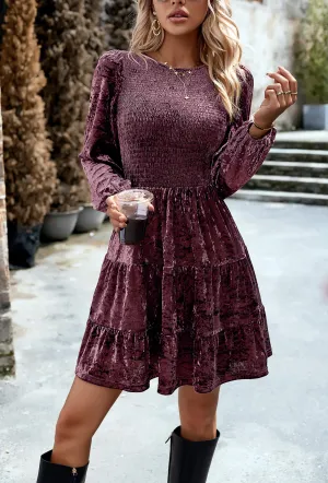 Harlyn Velvet Smocked Bodice Mini Dress - Mulberry