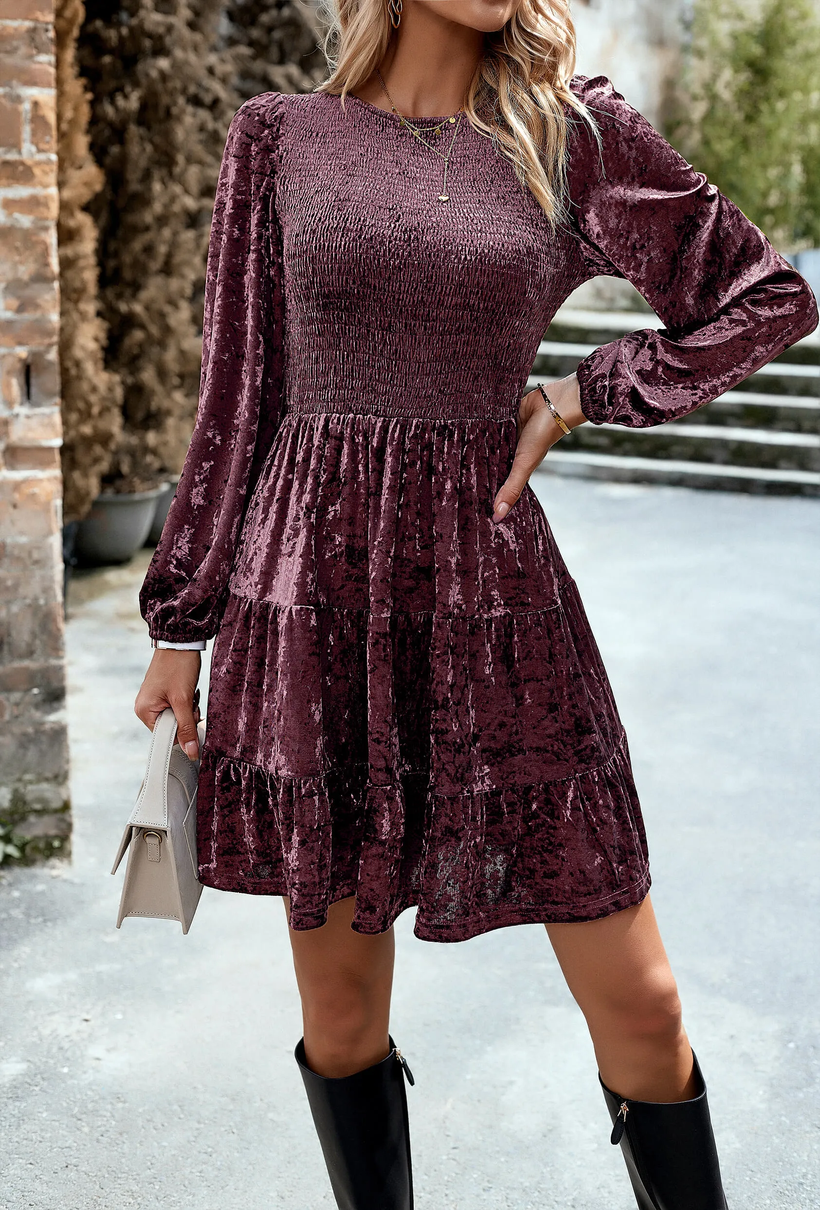 Harlyn Velvet Smocked Bodice Mini Dress - Mulberry