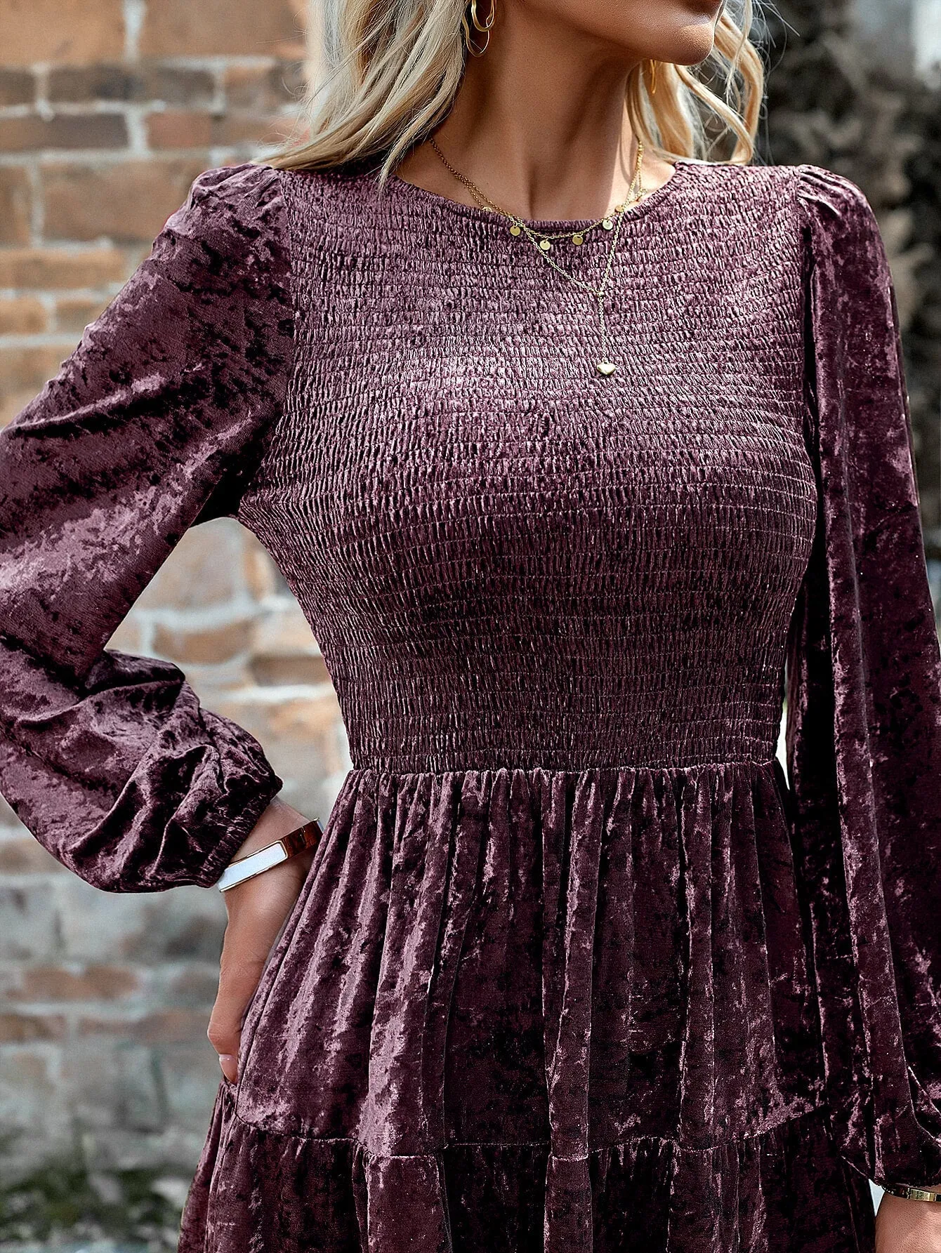Harlyn Velvet Smocked Bodice Mini Dress - Mulberry