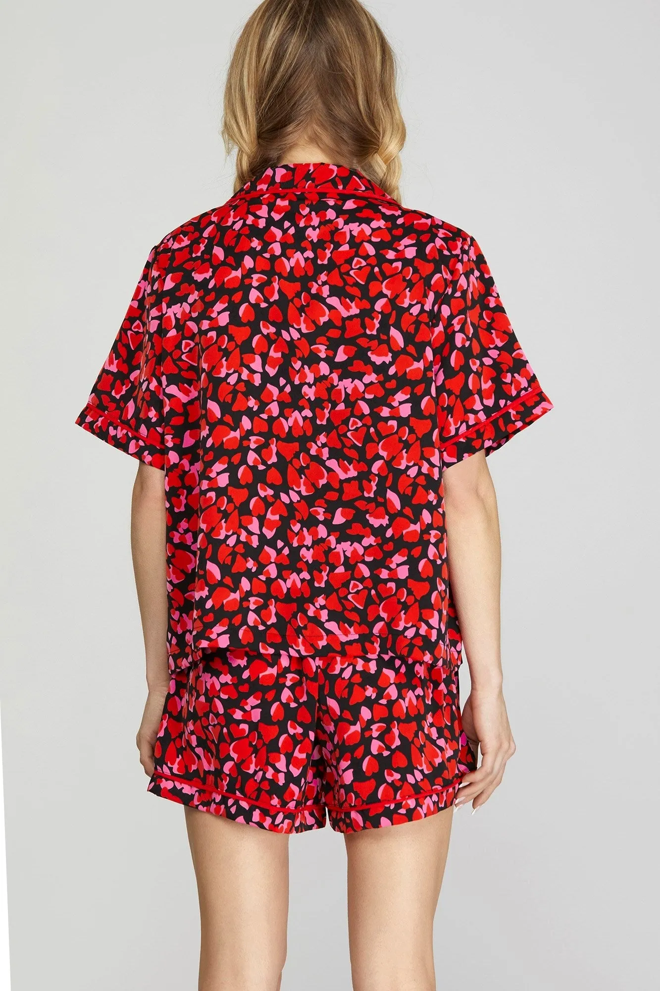 HEART PRINT PAJAMA SHORTS SET-BLACK/PINK