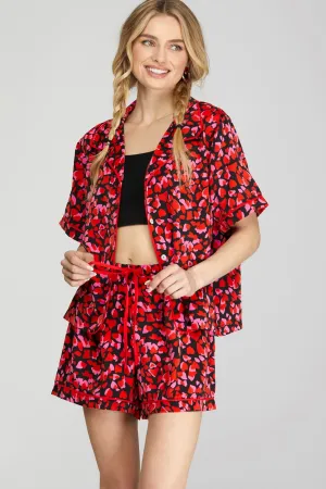 HEART PRINT PAJAMA SHORTS SET-BLACK/PINK