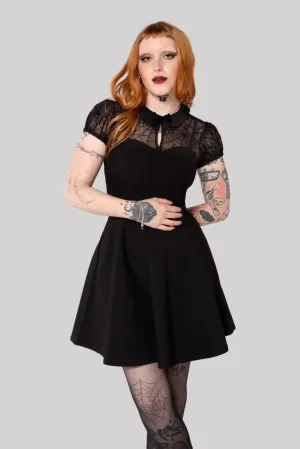 Hell Bunny Viola Dress  Fitted Gothic Spider Web Lace Skater