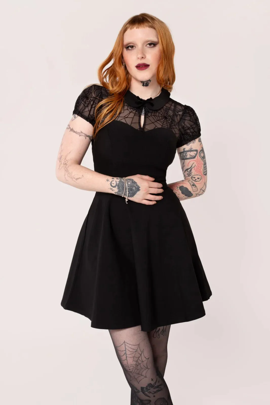 Hell Bunny Viola Dress  Fitted Gothic Spider Web Lace Skater
