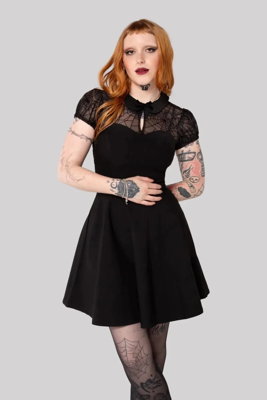 Hell Bunny Viola Dress  Fitted Gothic Spider Web Lace Skater