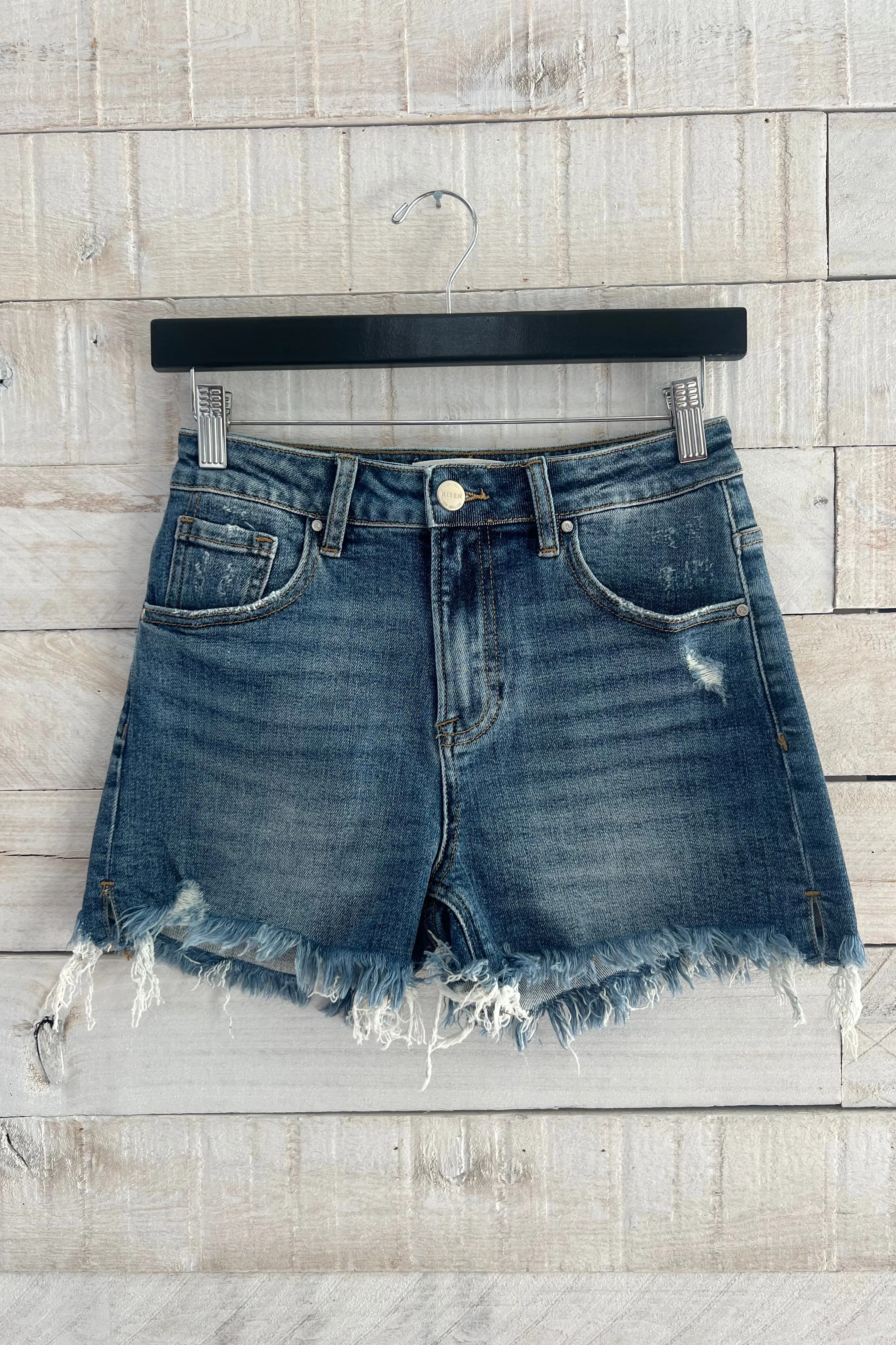 High Rise Side Slit Shorts- Medium Wash