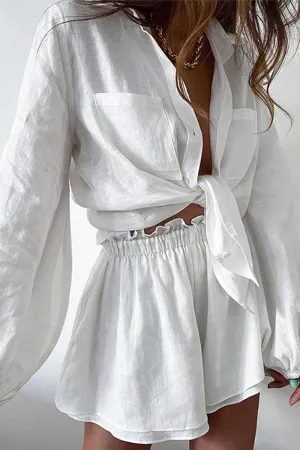 HUO1006 Solid Long Sleeves Top & Shorts Set