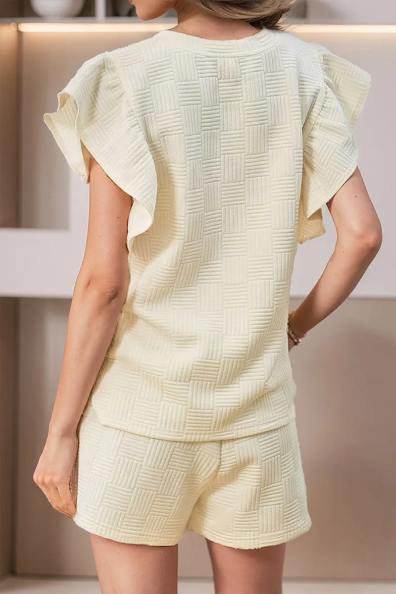 HUO2007 Solid Ruffle Top & Shorts Set