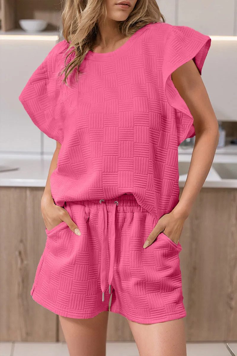 HUO2007 Solid Ruffle Top & Shorts Set