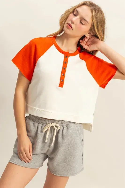 HYFVE Side Slit Contrast Half Button Short Sleeve T-Shirt