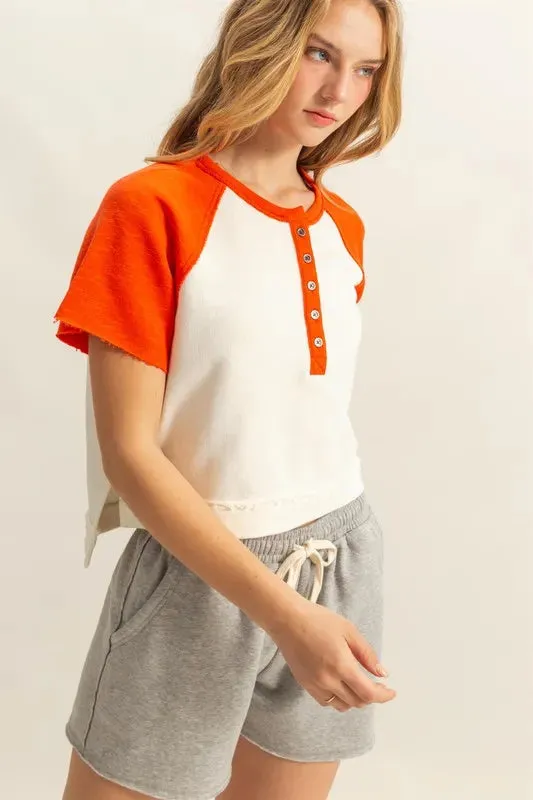HYFVE Side Slit Contrast Half Button Short Sleeve T-Shirt