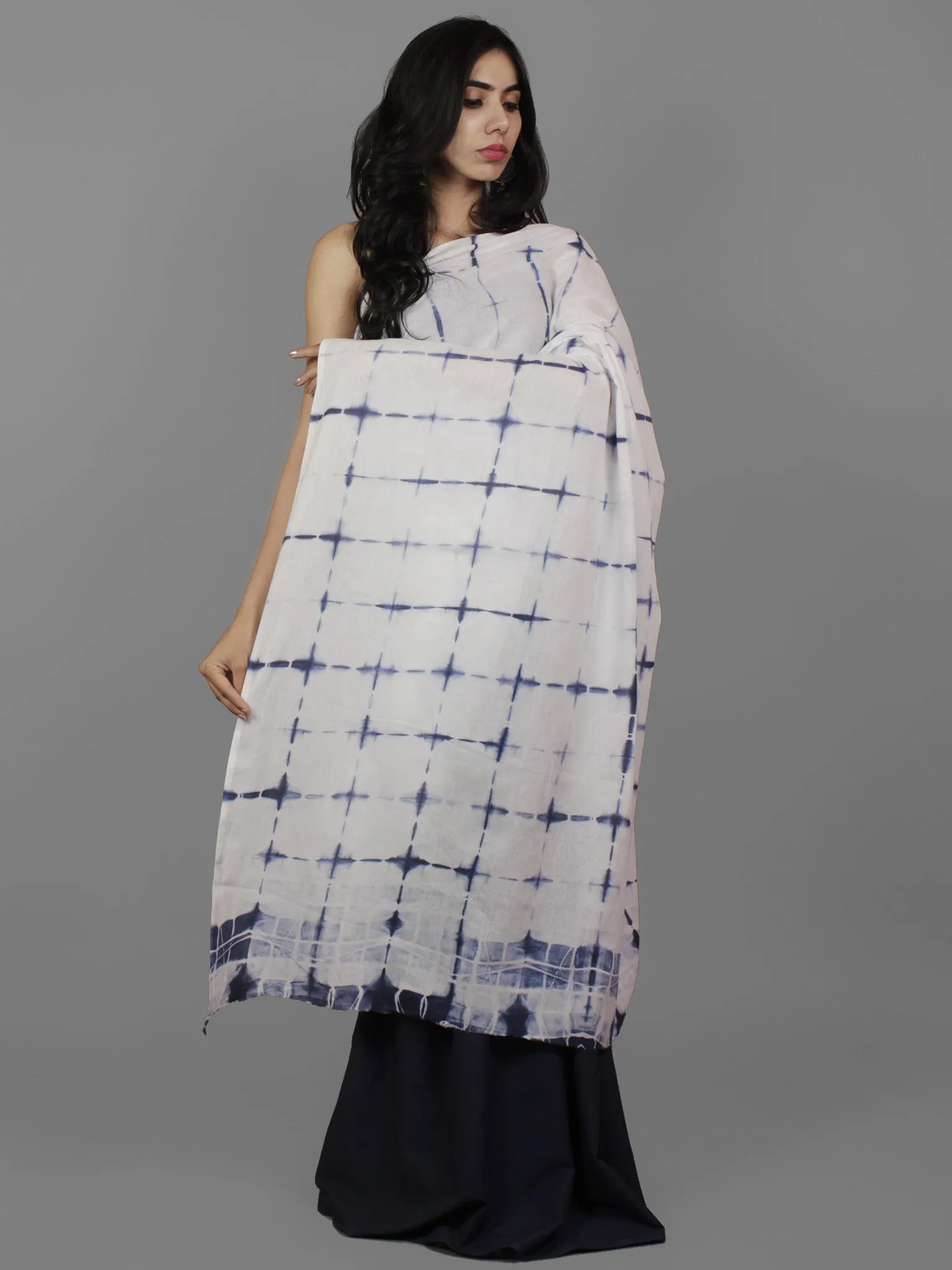 Indigo White Natural Color Dyed Hand Clamped Cotton Shibori Saree - S031701770