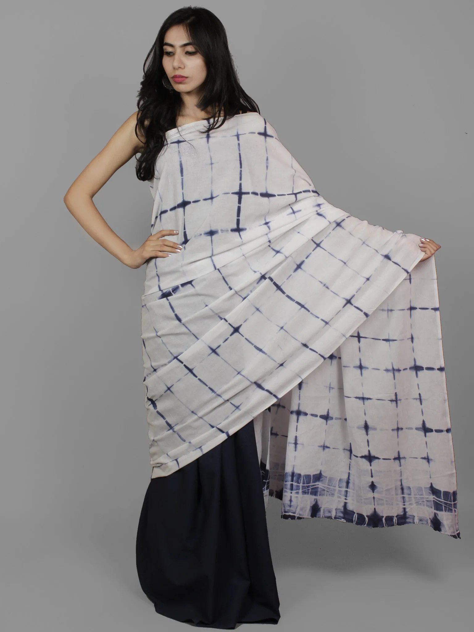 Indigo White Natural Color Dyed Hand Clamped Cotton Shibori Saree - S031701770