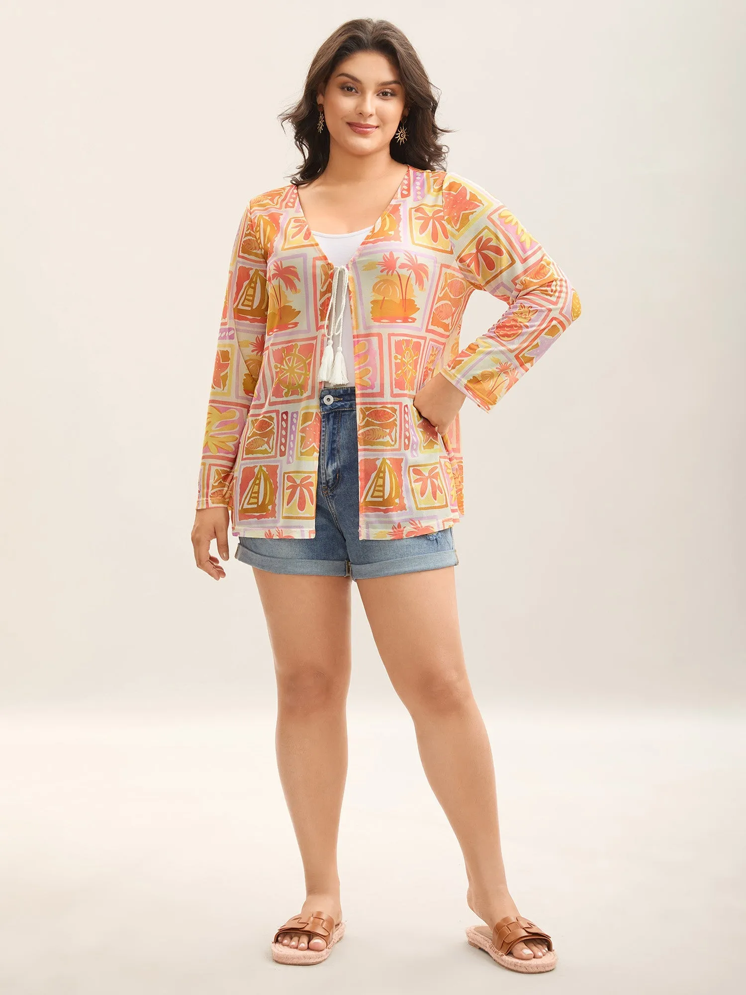 Island Ready Print Mesh Tassels Kimono
