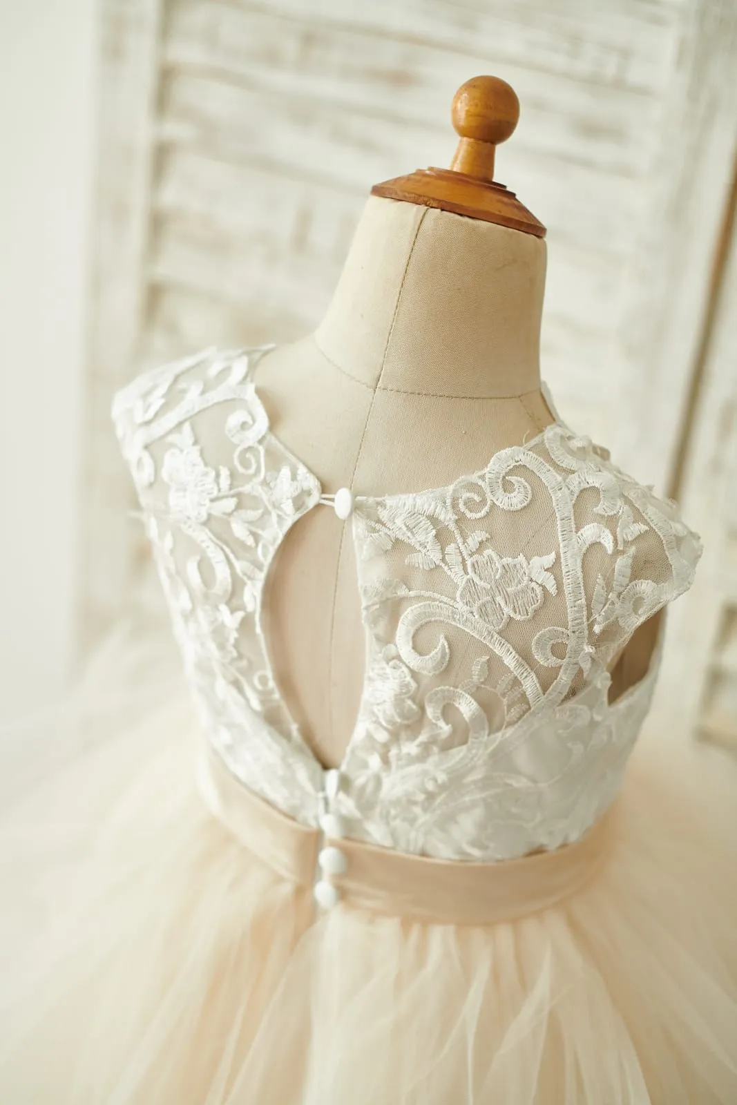 Ivory Lace Champagne Tulle Floor Length Wedding Flower Girl Dress
