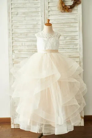 Ivory Lace Champagne Tulle Floor Length Wedding Flower Girl Dress