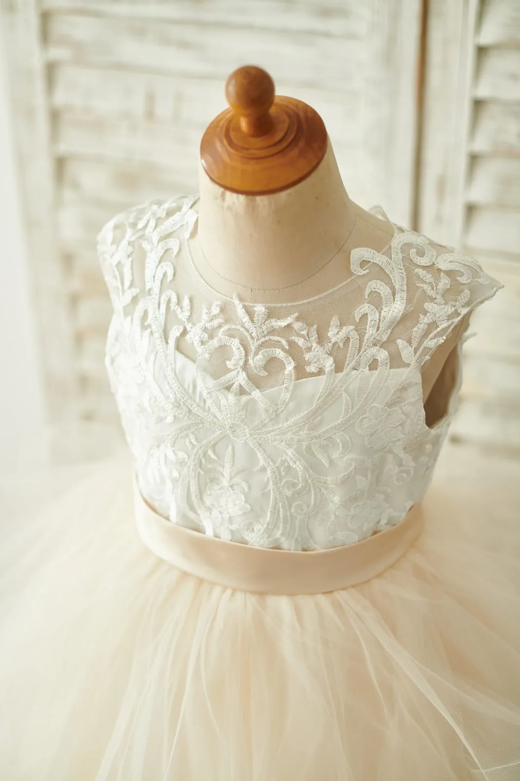 Ivory Lace Champagne Tulle Floor Length Wedding Flower Girl Dress