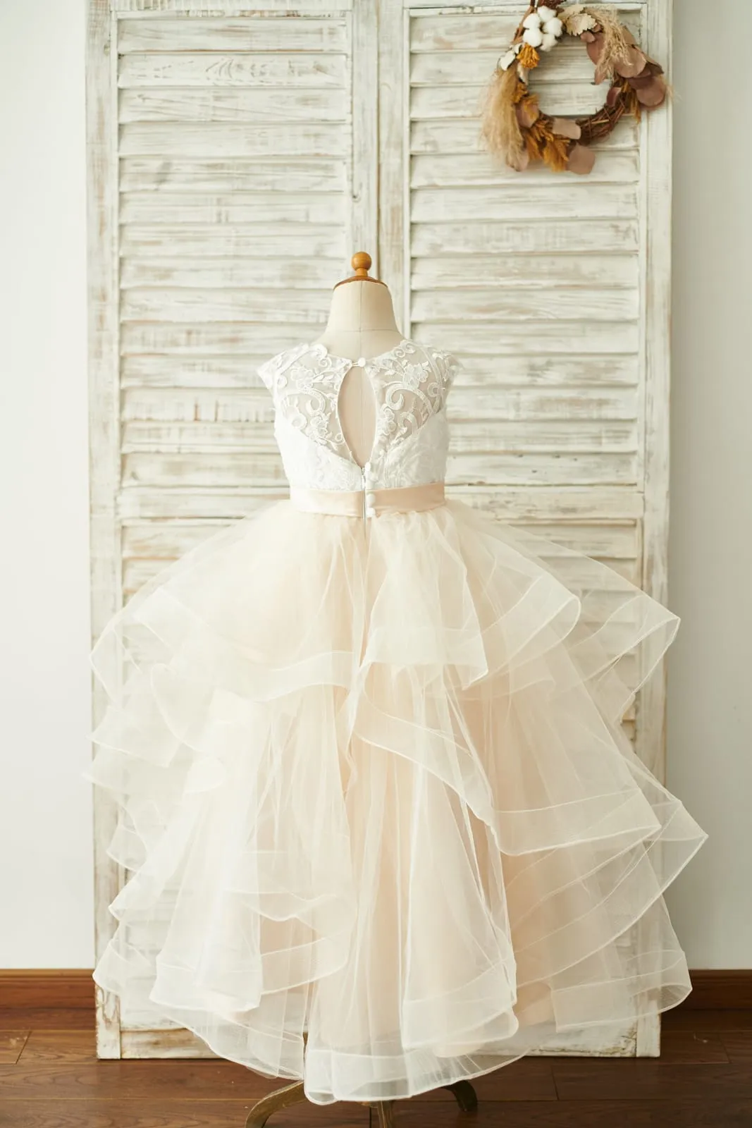 Ivory Lace Champagne Tulle Floor Length Wedding Flower Girl Dress