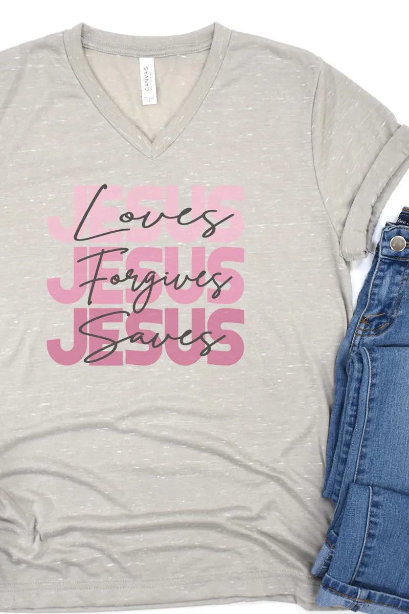 Jesus Loves Forgives Saves Unisex V-Neck Tee