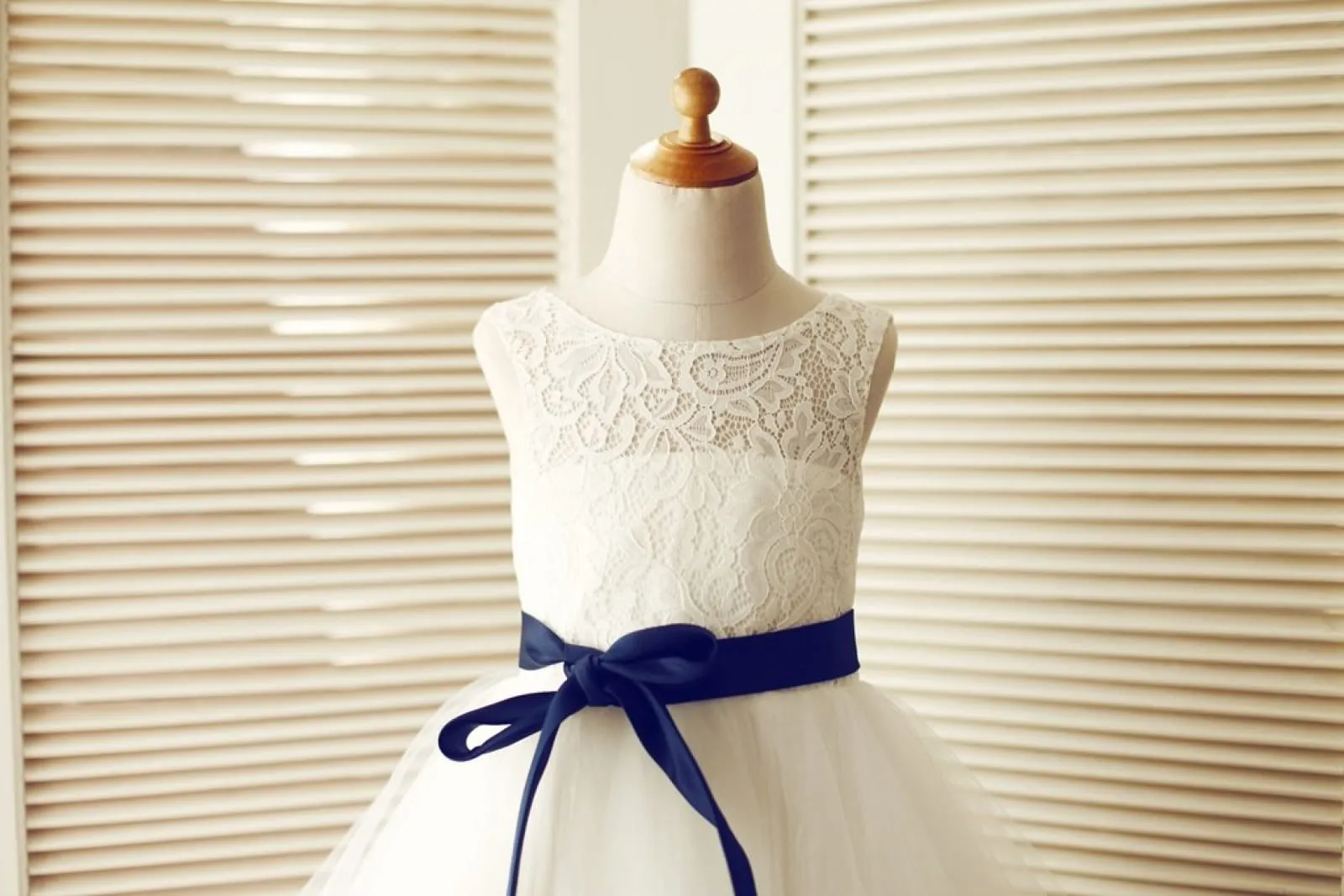 Keyhole Back Ivory Lace Tulle Wedding Flower Girl Dress, Navy Blue Sash