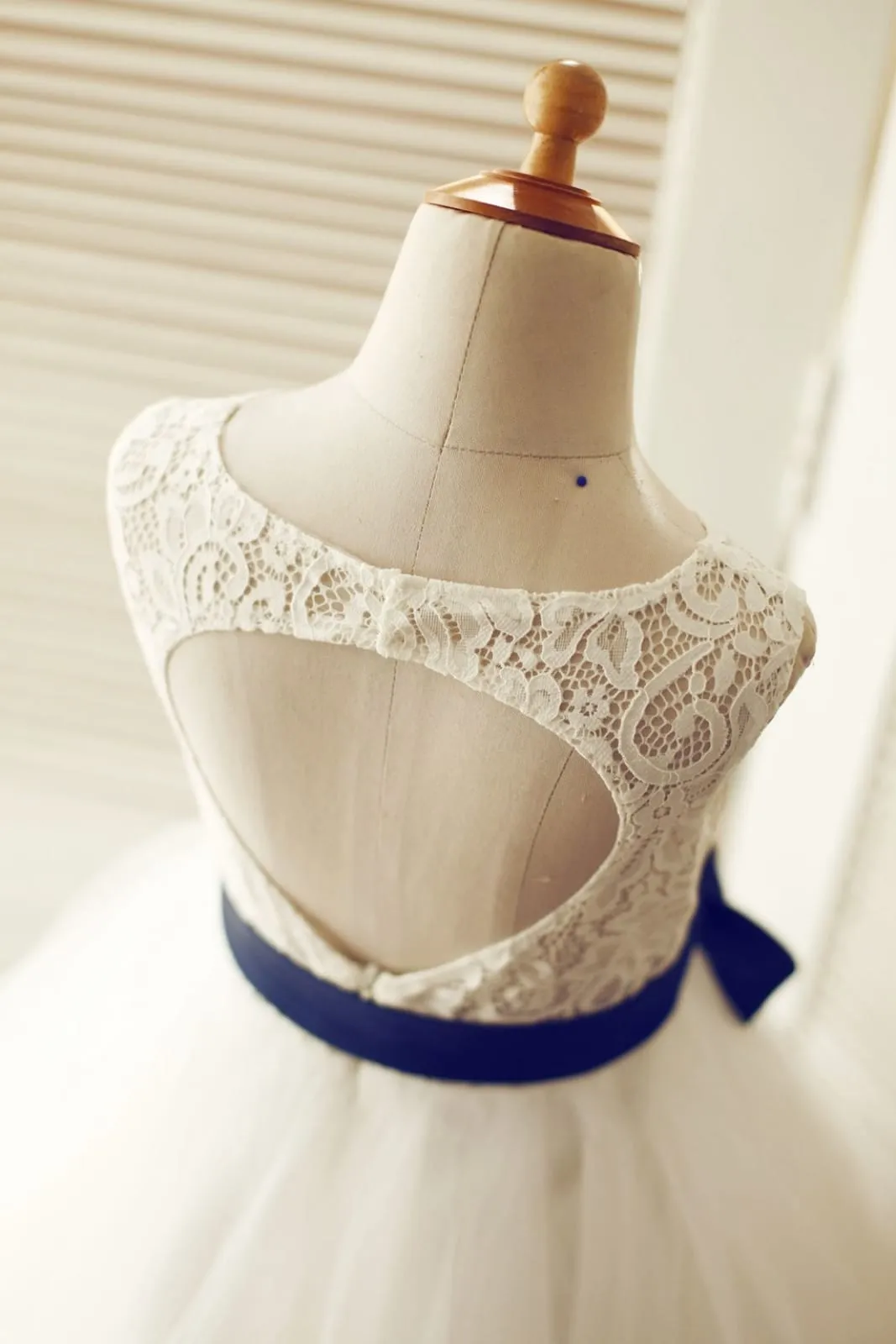 Keyhole Back Ivory Lace Tulle Wedding Flower Girl Dress, Navy Blue Sash