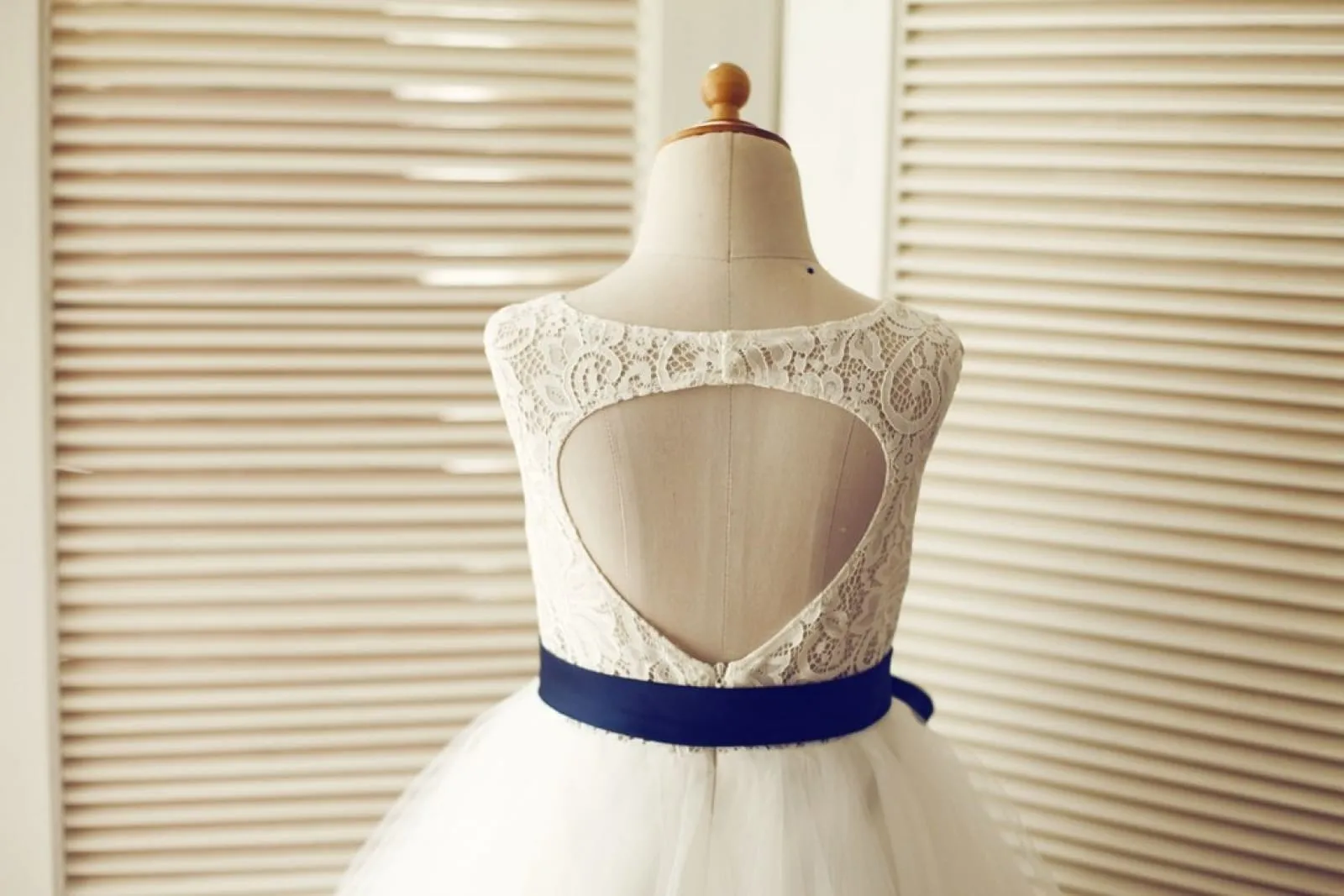 Keyhole Back Ivory Lace Tulle Wedding Flower Girl Dress, Navy Blue Sash