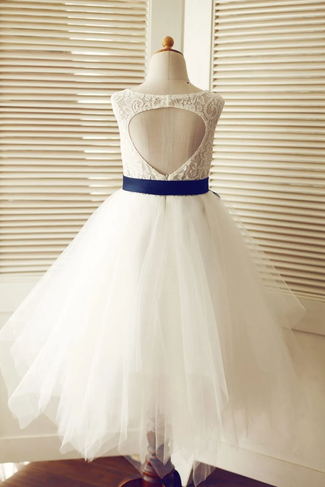 Keyhole Back Ivory Lace Tulle Wedding Flower Girl Dress, Navy Blue Sash