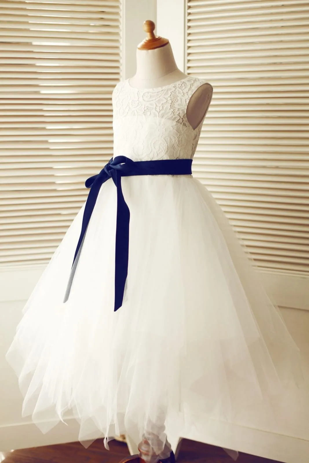 Keyhole Back Ivory Lace Tulle Wedding Flower Girl Dress, Navy Blue Sash