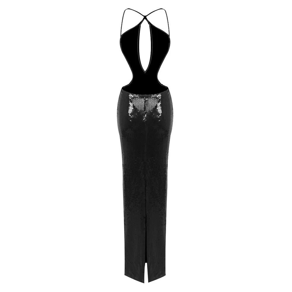 Keyhole Front Halter Sequin Formal Dress