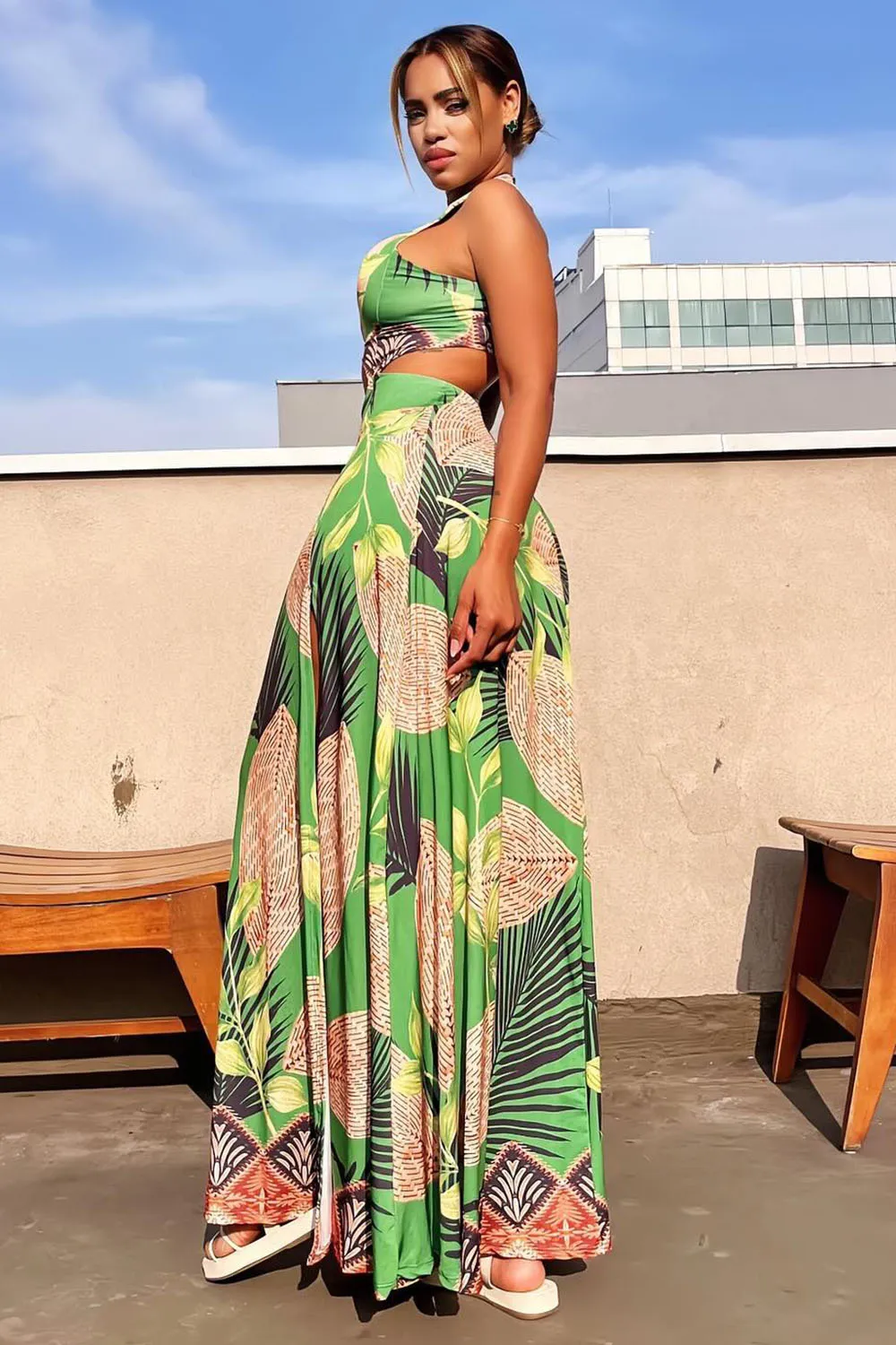 Keyhole Neck Sleeveless Slit Print Vacation Maxi Dresses-Green [Pre Order]