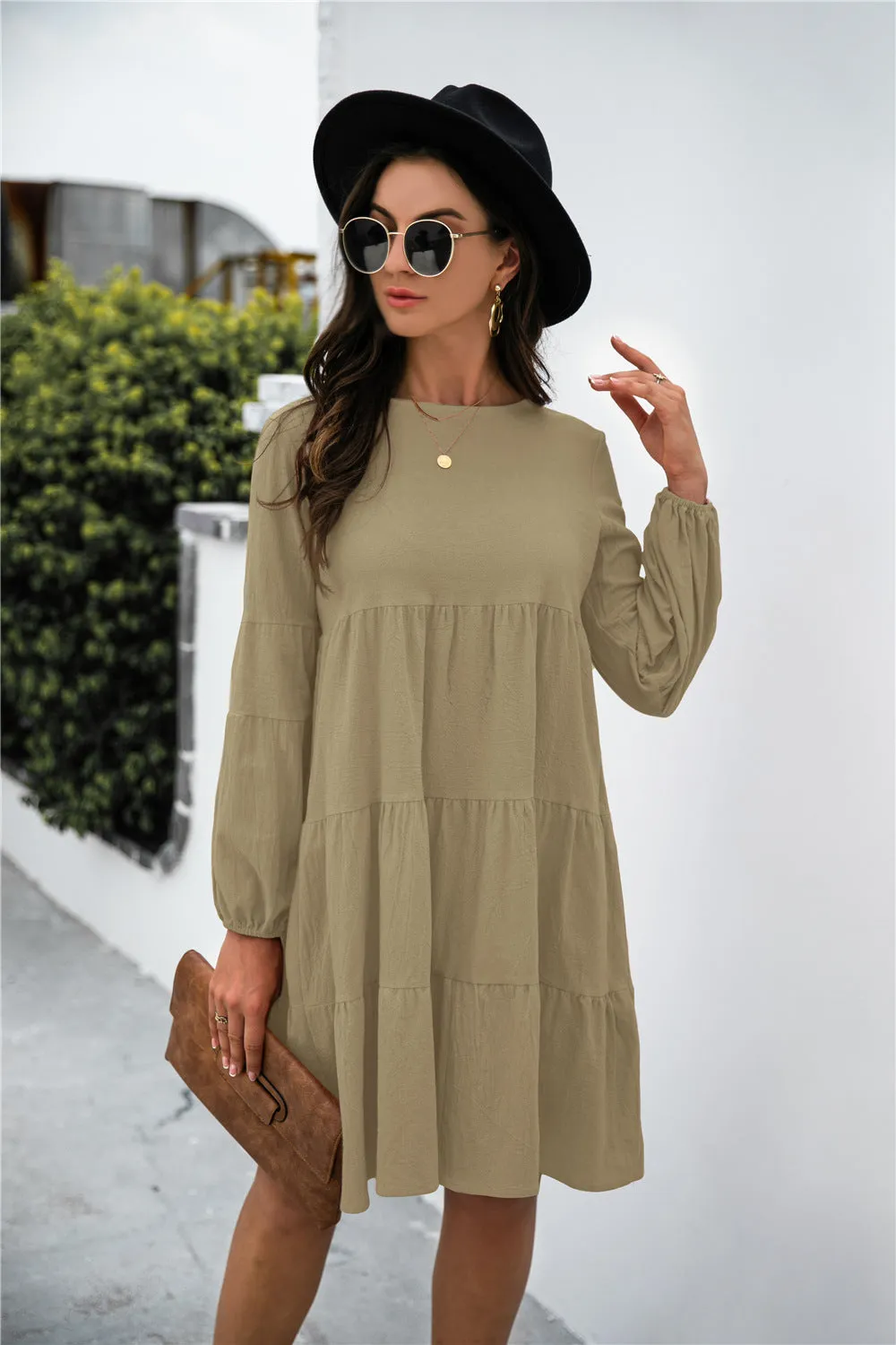 KHD Balloon Sleeve Keyhole Tiered Dress (3 Colors)