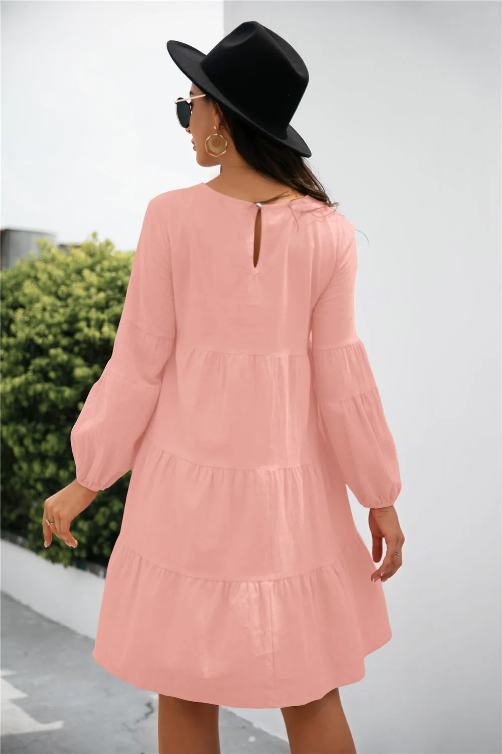 KHD Balloon Sleeve Keyhole Tiered Dress (3 Colors)