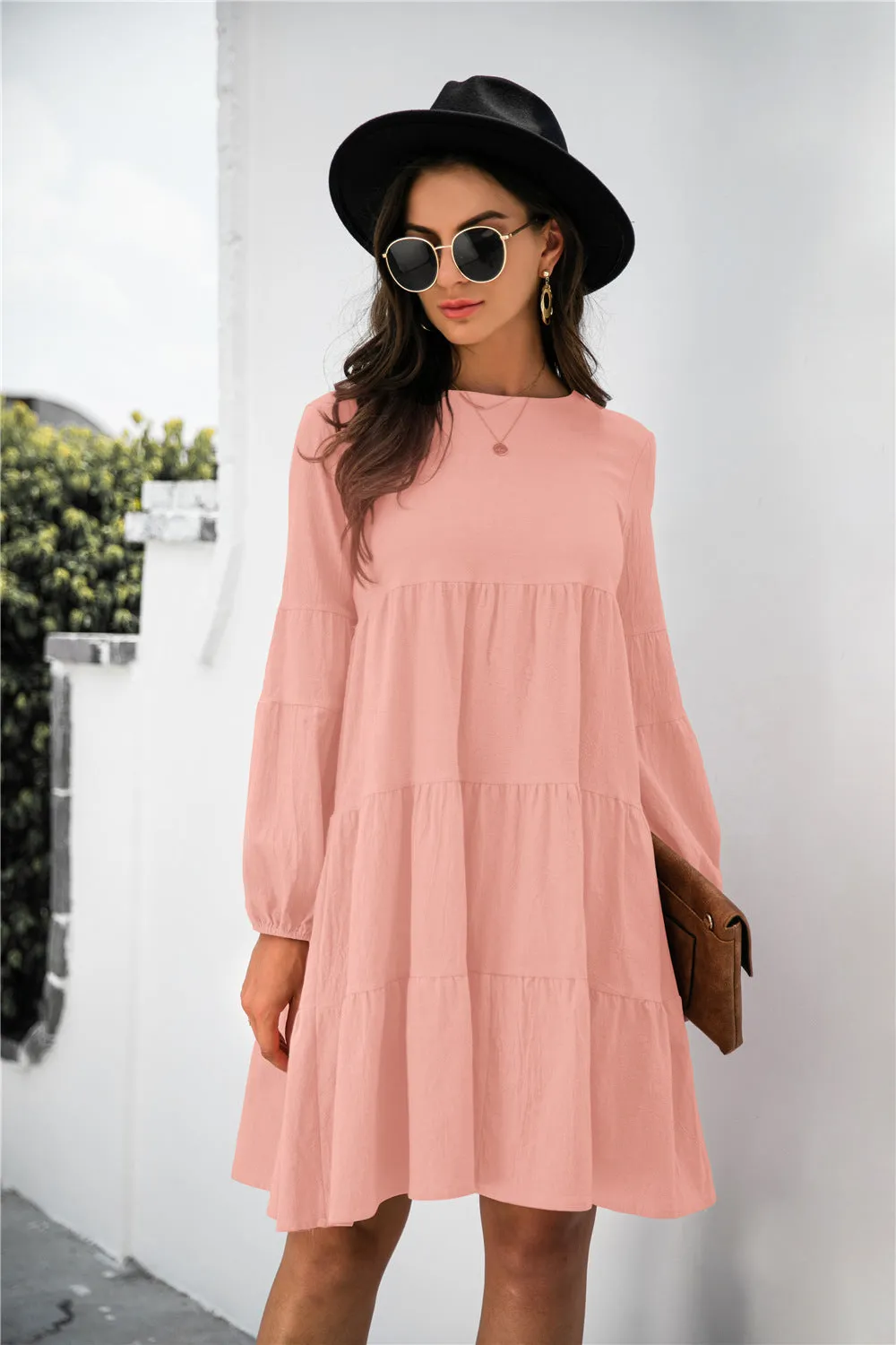 KHD Balloon Sleeve Keyhole Tiered Dress (3 Colors)