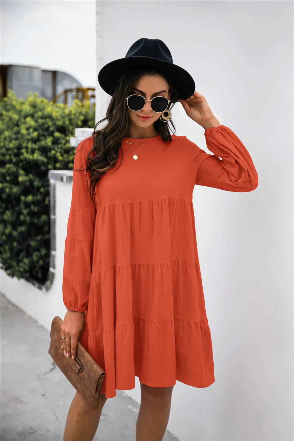 KHD Balloon Sleeve Keyhole Tiered Dress (3 Colors)