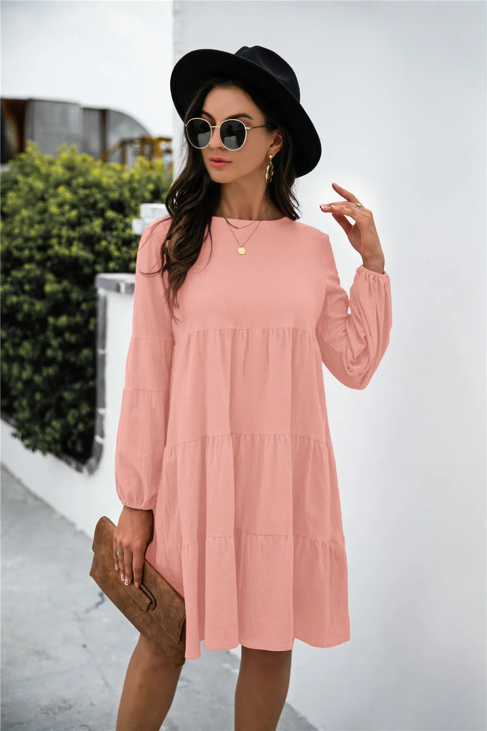 KHD Balloon Sleeve Keyhole Tiered Dress (3 Colors)