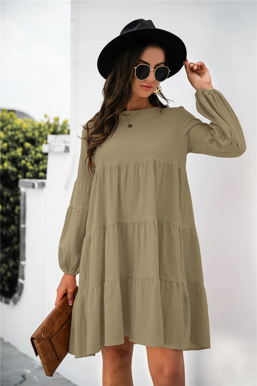 KHD Balloon Sleeve Keyhole Tiered Dress (3 Colors)