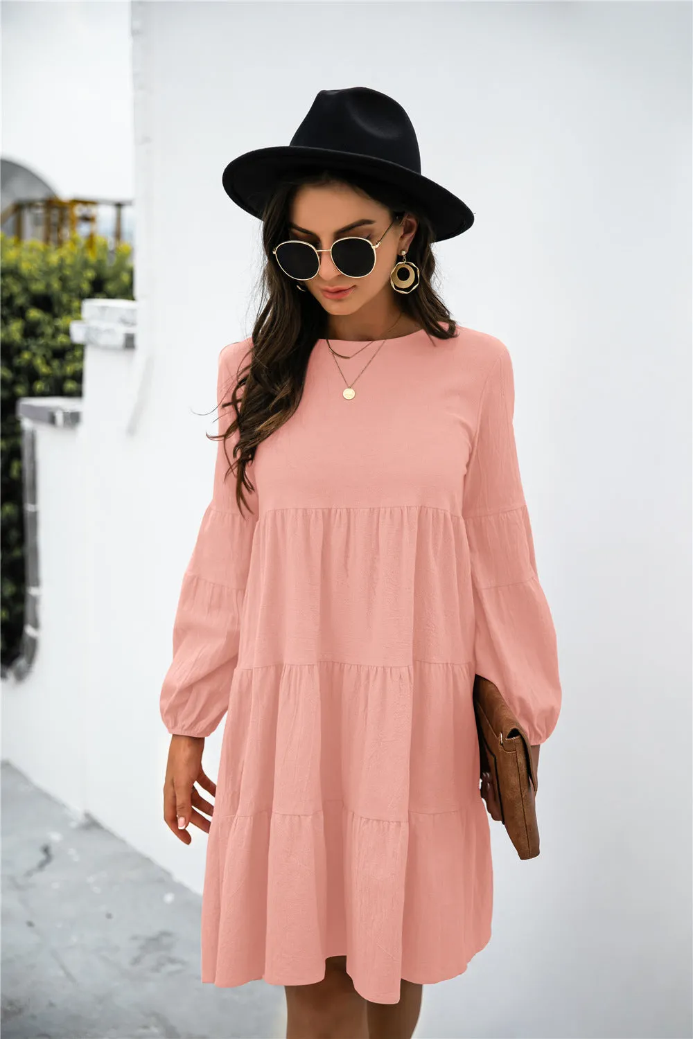 KHD Balloon Sleeve Keyhole Tiered Dress (3 Colors)