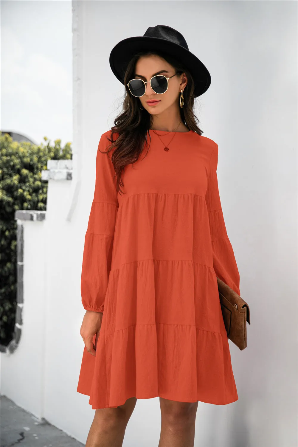 KHD Balloon Sleeve Keyhole Tiered Dress (3 Colors)