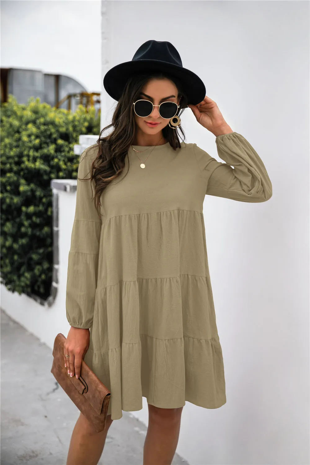KHD Balloon Sleeve Keyhole Tiered Dress (3 Colors)