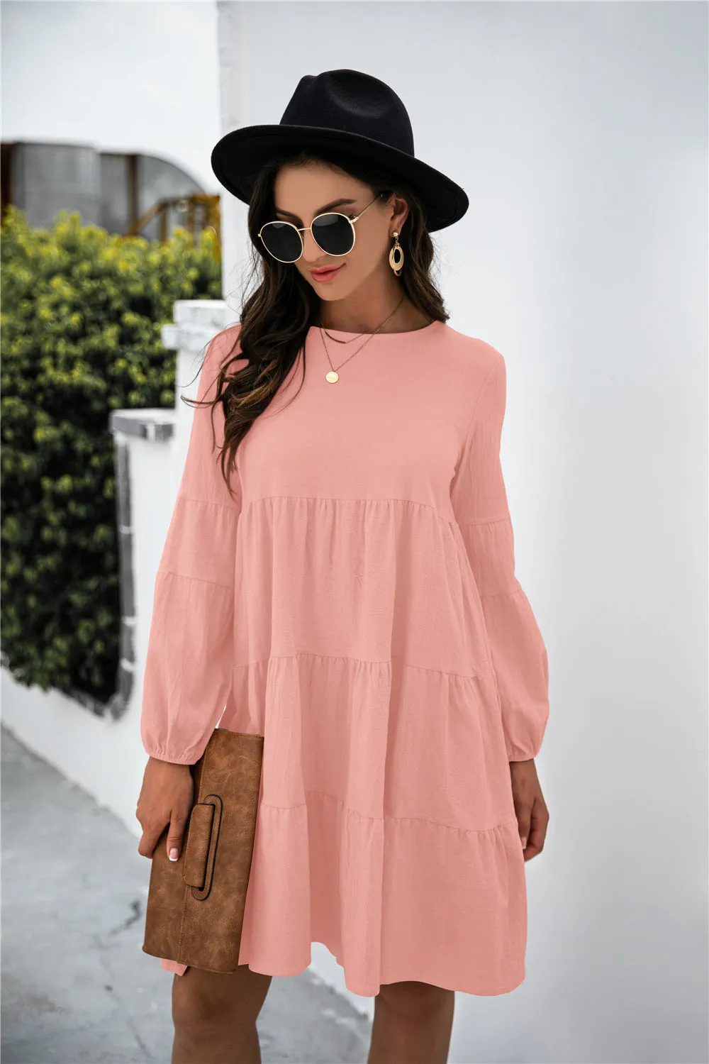 KHD Balloon Sleeve Keyhole Tiered Dress (3 Colors)