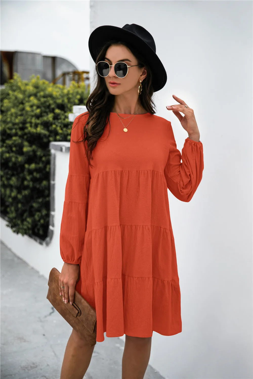 KHD Balloon Sleeve Keyhole Tiered Dress (3 Colors)