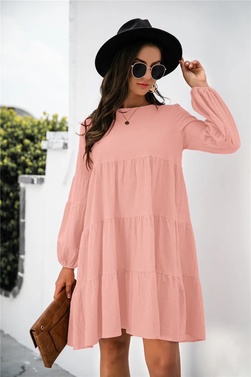 KHD Balloon Sleeve Keyhole Tiered Dress (3 Colors)